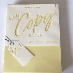 Office Depot’s “hey Copy paper” , 300 sheets, 20 lbs, pastel yellow